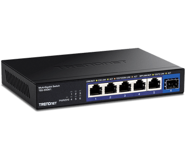 Trendnet 6-poorts onbeheerde 2.5G-switch met 10G SFP+-poort, TEG-S5061, 5 x 2,5 GBASE-T-poorten, 45 Gbps schakelcapaciteit, ventilatorloos, wandmontage, zwart