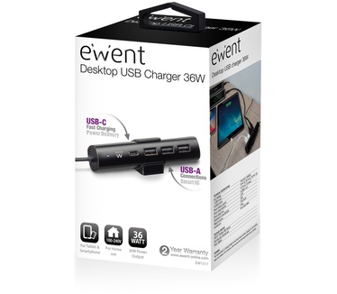 Ewent EW1317 Desktop USB Charger 36W with 1 USB-C port with Power Delivery and 3 USB-A ports with Smart IC