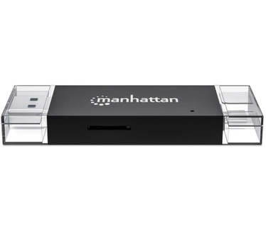 Manhattan USB-A/USB-C multiformaat kaartlezer/-schrijver, 5 Gbps (USB 3.0), male connector naar microSD- en SD/MMC-slots, mini-formaat, compatibel met Windows of Mac, zwart/transparant, 3 jaar garantie