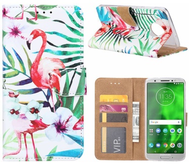Flamingo print lederen Bookcase hoesje voor de Motorola Moto G6 Plus - Wit (Motorola Moto G6 Plus) Wit