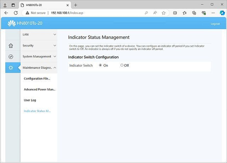Huawei HN8010Ts-20 ONT - 3.4.4 - Maintenance Diagnosis - Indicator Status Management [On]