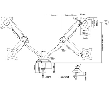 Newstar Full Motion Dual Desk Mount (clamp & grommet) for two 10-27" Monitor Screens, Height Adjustable (gas spring) - Black
