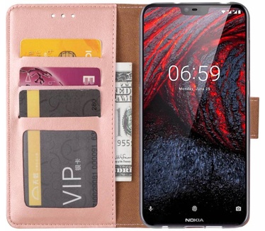 Luxe Lederen Bookcase hoesje voor de Nokia 6.1 Plus - Metallic Roze (Nokia 6.1 Plus) Rosé Goud