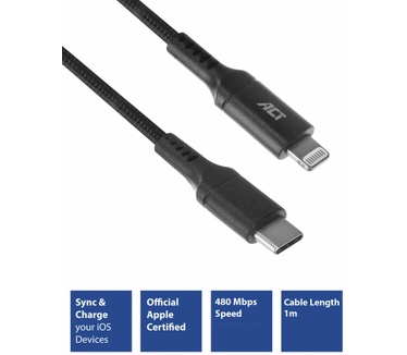 ACT AC3095 USB 2.0 Laad- en datakabel C male - Lightning male 1 meter, MFI gecertificeerd Zwart