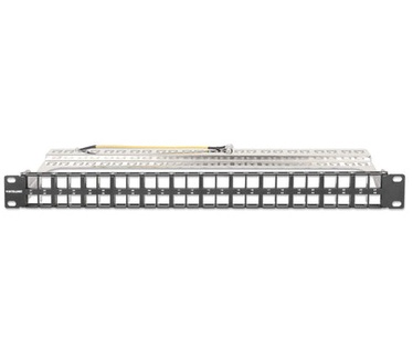 Intellinet 48-poorts afgeschermd leeg patchpanel, 1U, 19" keystone high-density ontwerp, uitneembare kabelmanagementbalk, geschikt voor Cat6/Cat6A modules, zwart