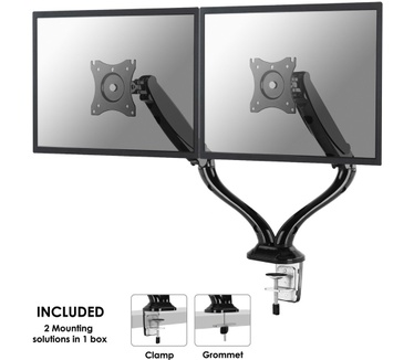 Newstar Full Motion Dual Desk Mount (clamp & grommet) for two 10-27" Monitor Screens, Height Adjustable (gas spring) - Black