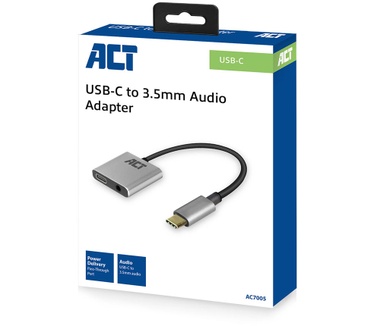 ACT AC7005 USB-C naar 3,5mm jack audio adapter en PD pass through Aluminium