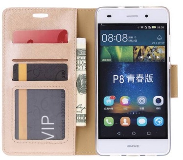 Luxe Lederen Bookcase hoesje voor de Huawei P8 Lite - Goud (Huawei P8 Lite) Goud