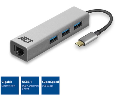 Advanced Cable Technology AC7055 3-Port USB-C 3.1 (USB 3.0) Hub with Gigabit ethernet port