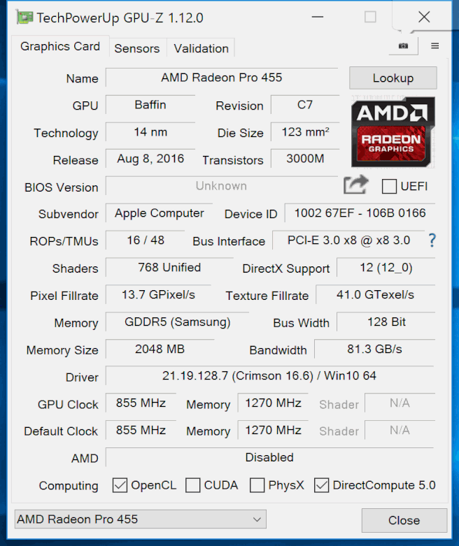 MacBook Pro 2016 15,4&quot; AMD Radeon Pro 455 Gpu-z