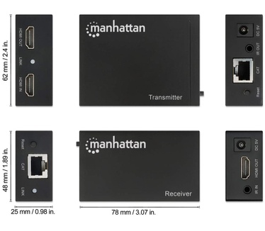 Manhattan HDMI 1080p over Ethernet Extender Kit, Up to 50m with Single Cat6 Cable, Tx & Rx Modules, IR Support (Euro 2-pin plug)