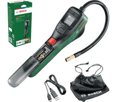 Bosch Elektrische fietspomp/luchtpomp/minicompressor EasyPump (3,0 Ah accu, 3,6 V; automatische stopfunctie; 150 psi; 10,3 bar; led; USB-C-kabel; 3 adapters; Snelkoppelingsstekker; Fietstas)