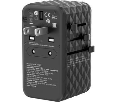 Verbatim GaN III universele reisadapter UTA-06 Met 2 x USB-C PD & QC 4+ & 2 x USB-A QC 3.0 poorten