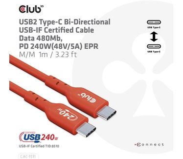 Club 3D USB2 Type-C Bi-Directional USB-IF Certified Cable Data 480Mb, PD 240W(48V/5A) EPR M/M 1m / 3.23 ft