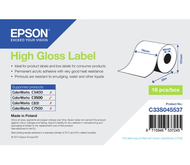 Epson High Gloss Label - Continuous Roll: 76mm x 33m