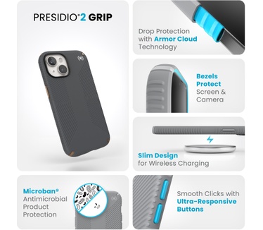 Speck Presidio2 Grip Apple iPhone 15 Charcoal Grey - with Microban