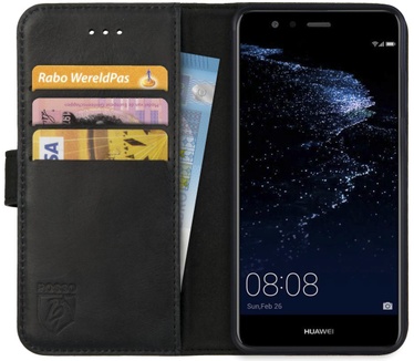 Rosso Huawei P10 Lite Hoesje Echt Leer Pasjes Book Case Zwart Zwart