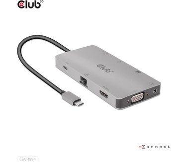 Club 3D USB Gen1 Type-C 9-in-1 hub with HDMI, VGA, 2x USB Gen1 Type-A, RJ45, SD/Micro SD card slots and USB Gen1 Type-C Female port