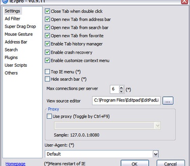 IE7pro 0.9.11 preferences screenshot