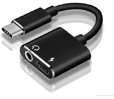 Ascromy USB type-C Aux Jack Headphone Adapter Charger Audio Kabel Zwart