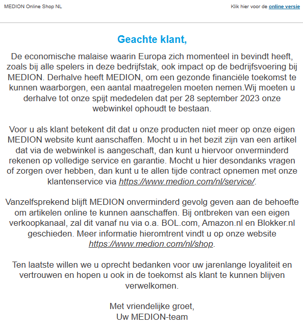 Medion nieuwsbrief webwinkel