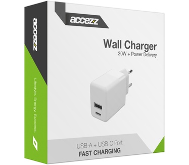 Accezz Wall Charger - Oplader - USB-C en USB aansluiting - Power Delivery - 20 Watt - Wit