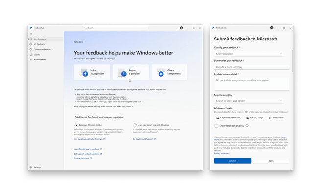 Feedback hub windows