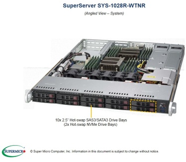 Supermicro 1028R-WTNRT. Processor socket: Socket R (LGA 2011), Processorfamilie: Intel, Compatibele processors: Xeon. Maximum intern geheugen: 1000 GB, Geheugen voltage: 1.2 V, Ondersteunde geheugen types: DDR4-SDRAM. Soort aansluiting controll