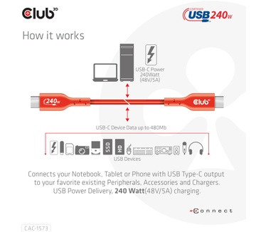 Club 3D USB2 Type-C Bi-Directional Cable, Data 480Mb,PD 240W(48V/5A) EPR M/M 2m USB IF GECERTIFICEERD