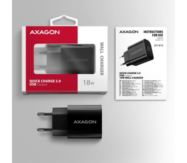 Axagon ACU-QC18 kroviklis jungiama tinkl QC 18W, 1x port USB-A, QC3.0/AFC/FCP/SMART Juoda