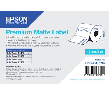 Epson Premium Matte Label - Die-cut Roll: 76mm x 51mm, 650 labels