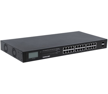 Intellinet 24-Port Gigabit Ethernet PoE+ Switch with 2 SFP Ports, LCD Display, IEEE 802.3at/af Power over Ethernet (PoE+/PoE) Compliant, 370 W, Endspan, 19" Rackmount (Euro 2-pin plug)