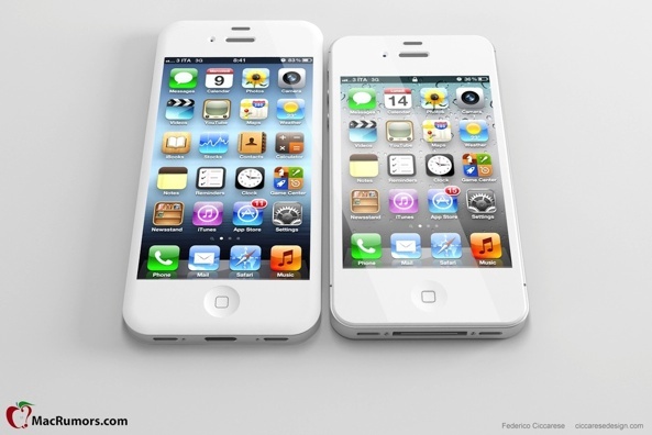 Mockup: iPhone uit geruchten naast iPhone 4S (bron:Macrumors.com)