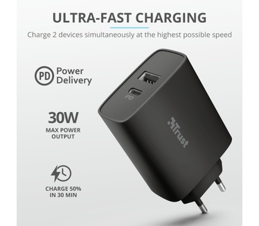 Trust Qmax 30W Ultra-Fast USB-C & USB Wall Charger with PD