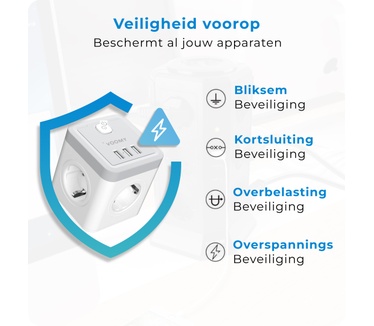 Voomy Cube Verdeelstekker 7-Voudig - Stopcontact Splitter - 3 USB Poorten - Stekkerdoos - Zwart