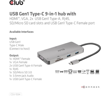 Club 3D USB Gen1 Type-C 9-in-1 hub with HDMI, VGA, 2x USB Gen1 Type-A, RJ45, SD/Micro SD card slots and USB Gen1 Type-C Female port