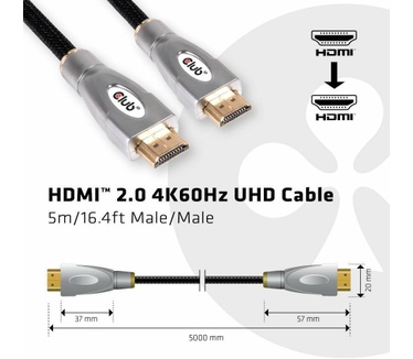 Club 3D HDMI 2.0 kabel 4K60Hz UHD 5 meter Zilver, Zwart