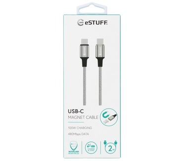 eStuff Magnetic USB-C to C 100W Charging Cable 2m Grey Nylon Grijs