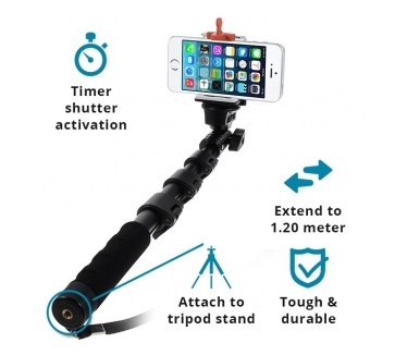 qMust Extendable Selfie Stick tot 1.20m - gebruik met timer - zwart