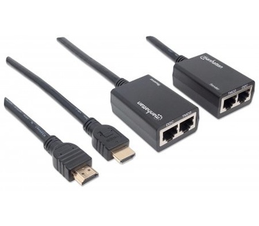 Manhattan 1080p HDMI over Ethernet Extender with Integrated Cables, Distances up to 30m with Two Ethernet Cables, Black (Euro 2-pin plug)