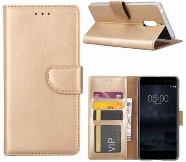 Luxe Lederen Bookcase hoesje voor de Nokia 6 - Goud (Nokia 6) Goud