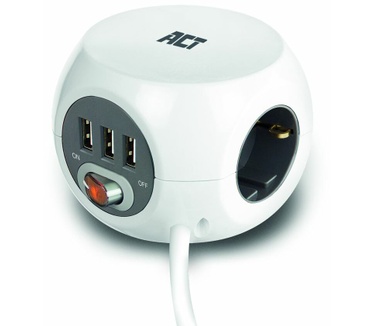 ACT AC2410 Vierkante stekkerdoos (PDU) met 3 sockets type F, 3 USB-A poorten, 3m