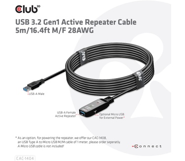 Club 3D USB 3.2 Gen1 Active Repeater Cable 5m/ 16.4 ft M/F 28AWG