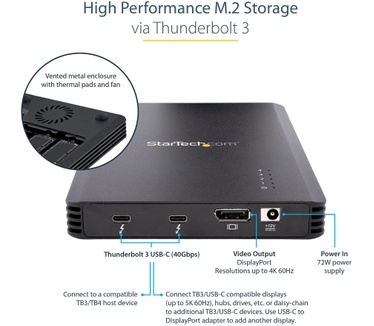 Startech.com 4 Bay Thunderbolt 3 NVMe Behuizing voor M.2 NVMe SSD Drives, SSD M.2 Enclosure, 1x DisplayPort Video/ 2x TB3 Downstream Poorten, 40Gbps, 72W Power Supply, Externe Harde Schijf Behuizing