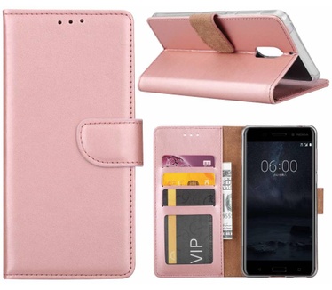 Luxe Lederen Bookcase hoesje voor de Nokia 6 - Metallic Roze (Nokia 6) Rosé Goud