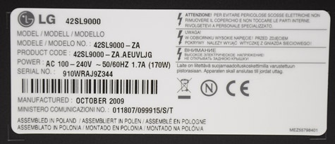 LG SL9000 label LG SL9000 label
