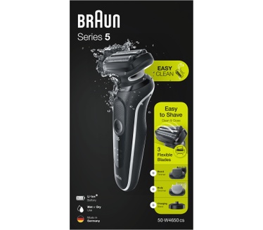 Braun Series 5 50-W4650cs Elektrisch Scheerapparaat Met Oplaadstandaard, EasyClick-opzetstukken, Wit