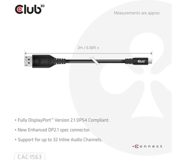 Club 3D CAC-1563 USB-C® to DisplayPort™ 2.1 DP54 Bi-Directional Cable 8K120Hz 2m / 6.6ft