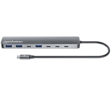 Manhattan USB-C dock/hub, poorten (7): USB-A (3×) en USB-C (4×), met Power Delivery (PD) 100 W - vereist een externe USB-C-lader (niet inbegrepen). USB-gevoed (geen externe voeding vereist) wanneer PD niet wordt gebruikt, aluminium