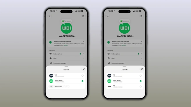 Een schermafbeelding van drie verschillende accounts op iOS. Bron: WABetaInfo